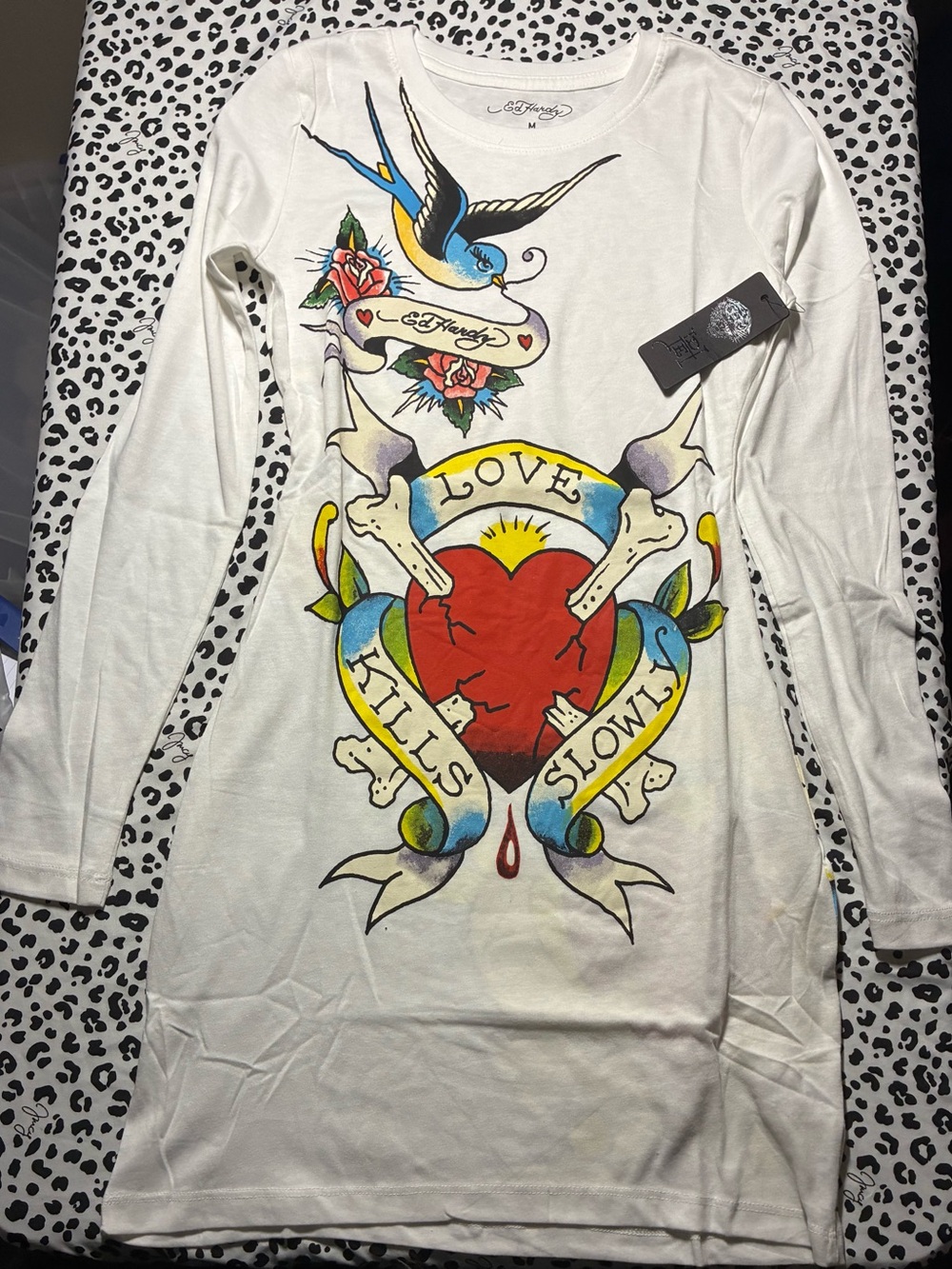 Ed Hardy White Long Sleeve Graphic dress Dress with Multicolor Tattoo Motif